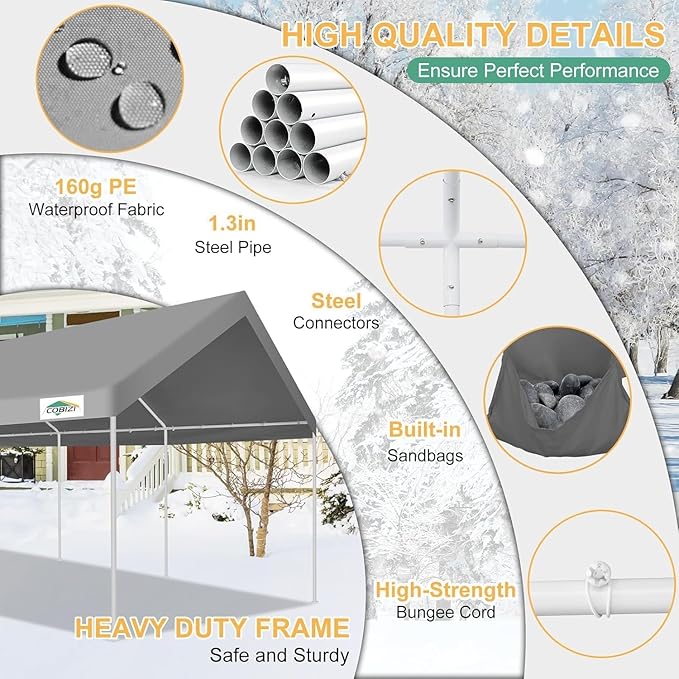 COBIZI Carport 12x20ft Heavy Duty Portable Garage, 2.0 Powder Coated Frame(Better Than Galvanized), Waterproof Shelter with Removable Sidewalls & Windows, Built-in Sandbags, for Car/Boat/SUV, Gray