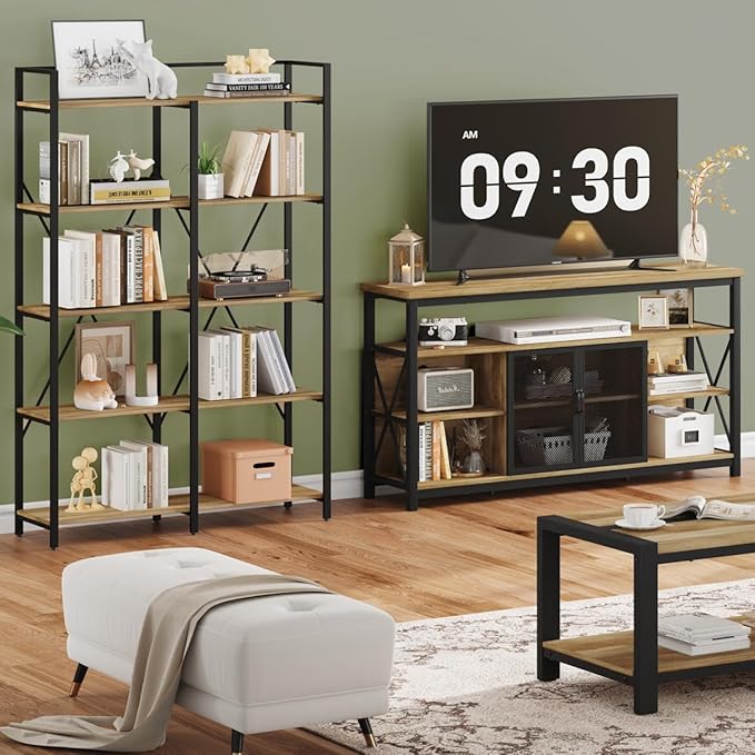 BON AUGURE Tall TV Stand for 65 55 Inch TVs, Industrial Entertainment Center with Storage Cabinet, Wood Farmhouse TV Media Console for Living Room and Bedroom (32 Inch High, Vintage Oak)