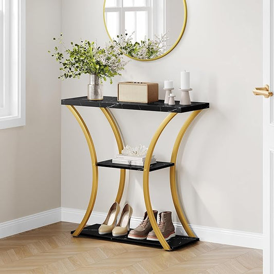 Hoctieon 3 Tier Console Table with Open Wood Shelves, Decorative Entryway Table with Curved Metal Frames, Narrow Sofa Table for Entrance, Living Room, Hallway, Gold and Black Marbled