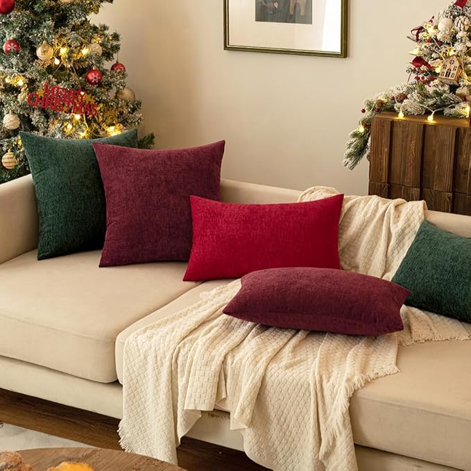 MIULEE Pack of 2 Couch Throw Pillow Covers 12x20 Inch Soft Wine Red Chenille Pillow Covers for Sofa Living Room Solid Dyed Pillow Cases