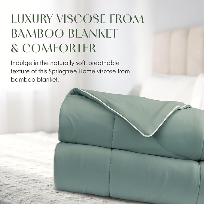 Springtree Home Luxury Viscose from Bamboo Blanket & Comforter | Viscose from Bamboo Comforter Queen Size -90" x 90" | Cooling Blanket | Breathable & Lightweight | Full/Queen - Lily Pad Green