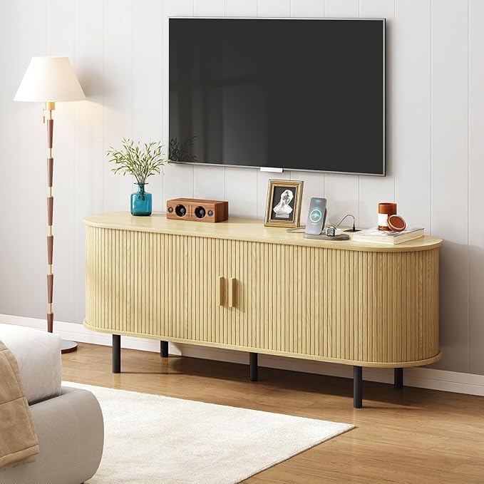 63" TV Stand with Power Outlet for TVs up to 70 Inch, Entertainment Center with Storage and Adjustable Shelves, Modern Media Console with Sliding Doors for Living Room, Oak