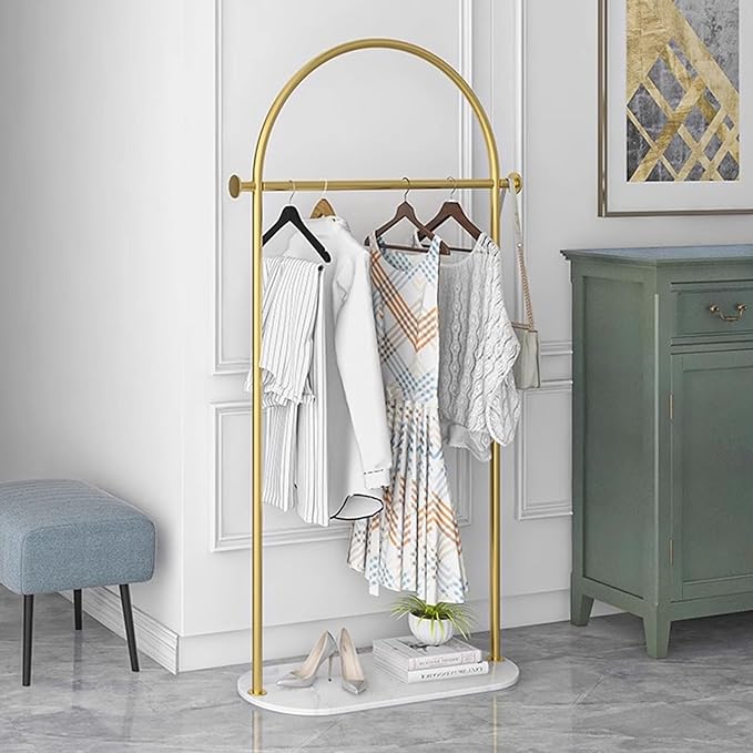 Gold clothing rack with Marble base. metal clothes racks for hanging clothes,heavy duty garment rack,Freestanding Coat Rack with 2 Hooks,for Bedroom, Bathroom, Living Room easy to assemble