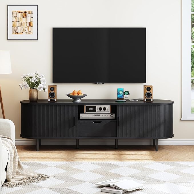 69" TV Stand with Power Outlet for TVs up to 80", Entertainment Center with Storage and Drawer, TV Console with Adjustable Shelves and Sliding Door, TV Stand for Living Room, Bedroom, Black