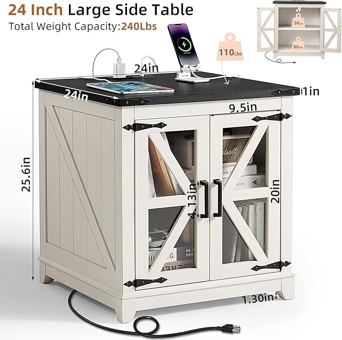 Farmhouse Coffee Table Sets 2 Pieces, Large End Side Tables with Charging Station and Coffee Table with Hidden Storage Compartment, Black Living Room Table Set, Wood Furniture Sets for Home Office