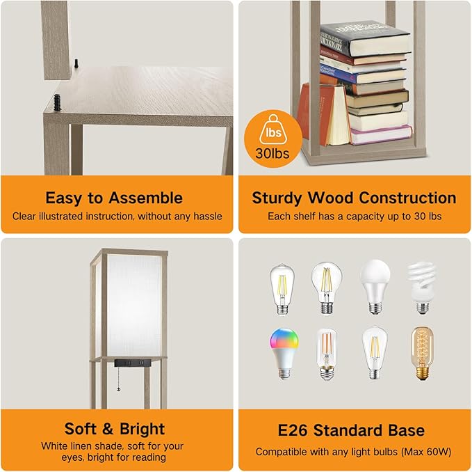 OUTON Floor Lamp with Shelves, LED Shelf Floor Lamp with 1 USB & 1 Type C Ports, 1 AC Outlet, 3 Color Temperature, Storage Display Wood Column Tall Standing Lamp for Living Room, Bedroom Office, Grey