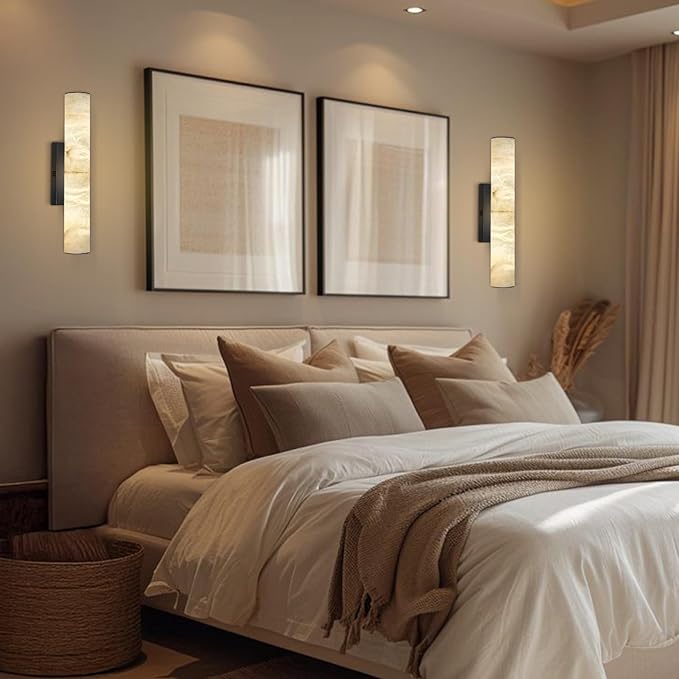 Alabaster Wall Sconces, Spanish Natural Marble Wall Sconce, 20" Bronze Wall Sconce for Bathroom, Modern Alabaster Sconces Wall Lighting Dimmable, Marble Wall Lamp for Living Room, Bedroom, Hallway