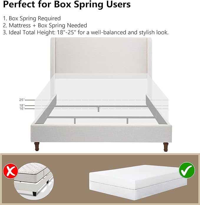 Queen Bed Frame with 54" Tall Wingback Headboard, Chenille Upholstery, Metal and Wood Support, Solid Wood Feet, Box Spring Required (Ivory White Chenille, Queen)
