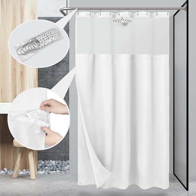 N&Y HOME 60 Inch Waffle Weave Shower Curtain with Snap-in Fabric Liner & 12 Metal Hooks Set - 60" x 72" Shower Stall Size, Hotel Style & Mesh Top Window, Machine Washable - White, 60x72