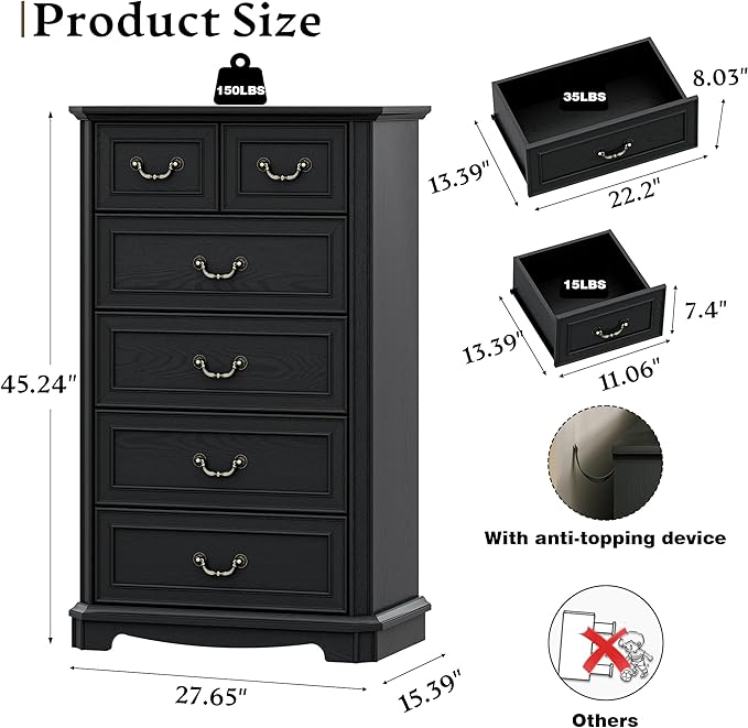 Farmhouse 6 Drawer Dresser for Bedroom, Tall Rustic Chest of Drawers with Metal Handle, Wood Vintage Storage Tower Cabinet, Wooden Closet Storage Dressers Organizer for Living Room, Hallway, Black