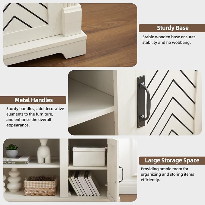 Farmhouse TV Stand for 65+ Inch TV, 25" Tall Entertainment Center with Barn Door, Rustic TV Stands for Bedroom with Adjustable Shelf, Wooden TV Consoles for Living Room, Antique White