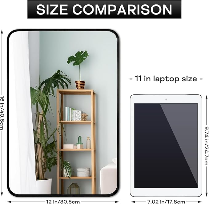 Wall Mount Small Mirror, Brushed Black Metal Framed Rounded Corner Rectangular Makeup Mirror for Bathroom, Bedroom, Living Room (12" x 16",Black)