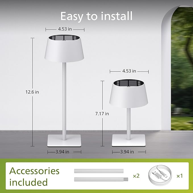 Philips Solar Outdoor Table Lamp, Portable LED Desk Light,Cordless Battery-Operated，2 Adjustable Height, Touch Control & Stepless Dimming Night Light，Waterproof for Garden, Bedroom