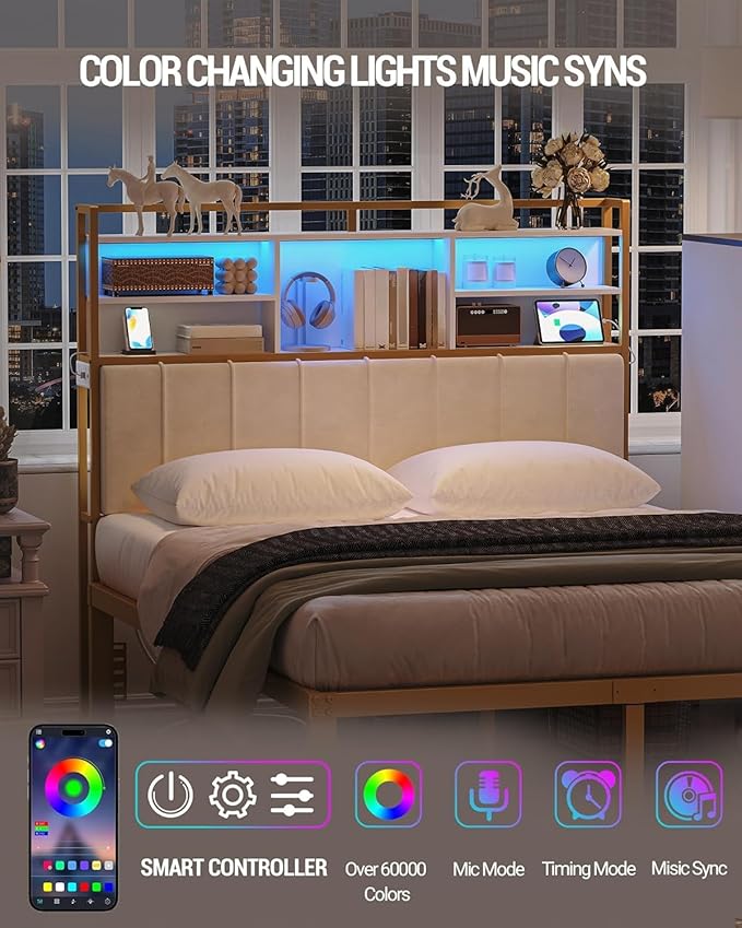 Headboard with 3-Tier Storage Shelves, Velvet Upholstered Head Board with 2 Outlets, USB Ports & LED Light, Soft Backrest for Queen Size Bed, White and Gold BH15203AV1