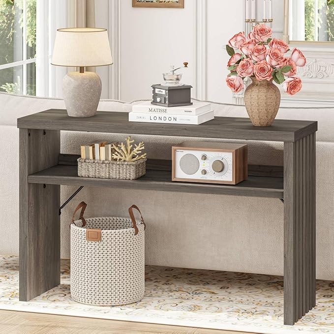 BON AUGURE Sofa Console Table, Wood Entryway Table, Grey Behind Couch Tables with Open Storage, Modern Narrow Hallway Tables (Greige Oak, 47 Inches)