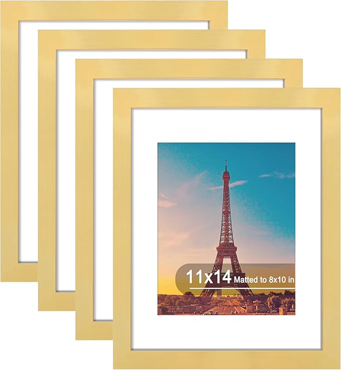 11x14 Picture Frame Set of 4, High Definition Real Glass, Display Pictures 8x10 with Mat or 11x14 Without Mat, Gallery Wall Hanging Photo Frames, Gold