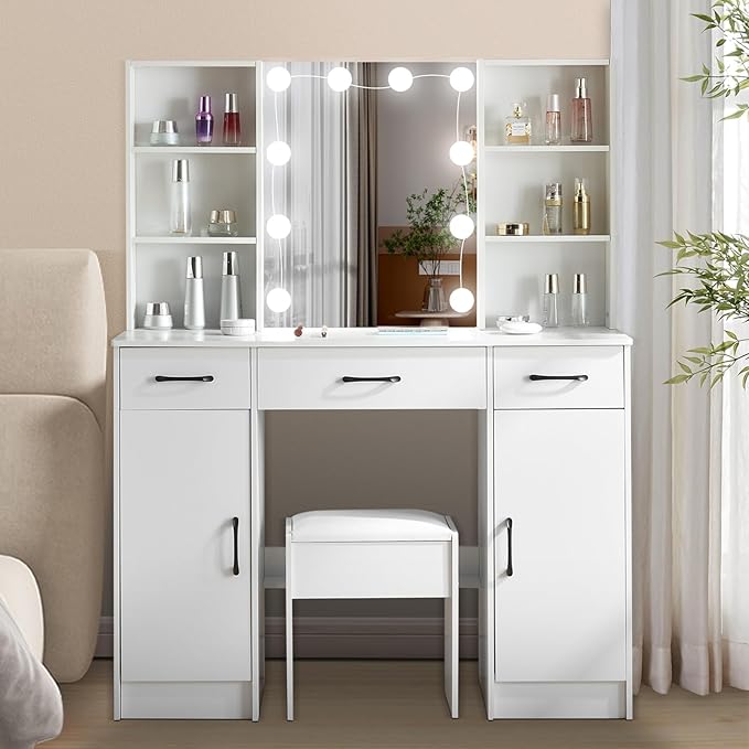 JBLCC Vanity Desk with Mirror and Lights, 39.4‘’ White Makeup Vanity with 3-Color Lighted Mirror, 5 Drawers & Open Shelves, Big Vanity Table for Bedroom, Girls & Women