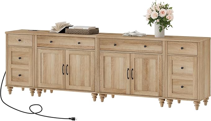 WAMPAT Farmhouse TV Stand for 100 Inch TV, 4-in-1 TV Console Table for 75/80/85/90 Inch TV, Entertainment Center with Charging Station, Kitchen Sideboard Buffet Cabinet for Dining Room, Oak