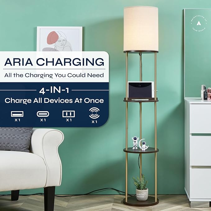 ATAMIN Modern Floor Lamp with Shelves and Fast Charging Ports – USB-C, USB, Wireless Charging, and Compact Storage Shelf Lamp for Connected Living