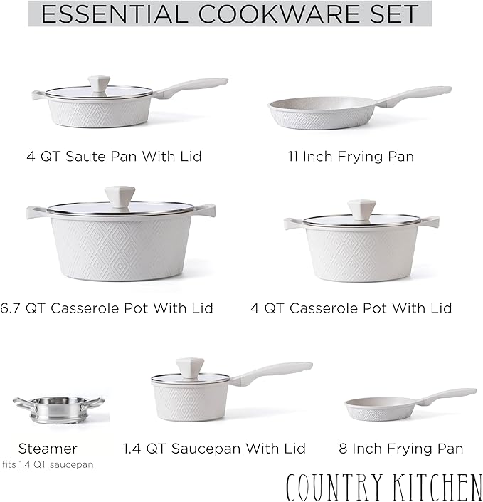 Country Kitchen Non-Stick Cast Aluminum Cookware Set - Durable Kitchen Cookware for Everyday Cooking, Cream Rhombus, 11 Pc.