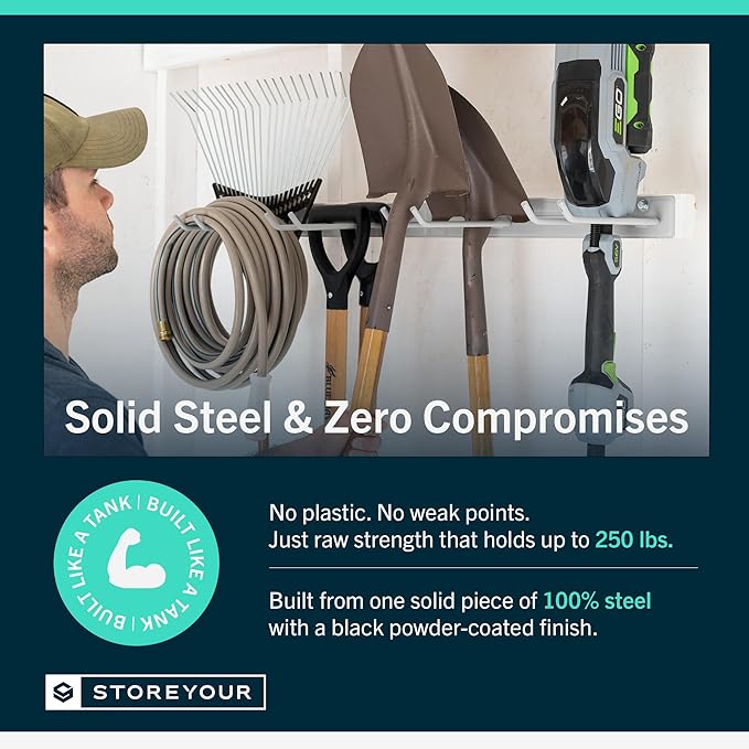 StoreYourBoard Wall-Mounted Rack With 4 Garage Hooks – Heavy-Duty Steel Holder Garage & Garden Storage for Shed, Workshop, or Home Organization – For Rakes, Shovels, Tools & More – 2 Pack, Gray