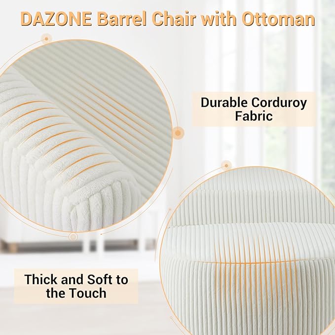 DAZONE Accent Chairs Set of 2 - Mid Century Modern Comfy Armchair with Ottoman, Corduroy Upholstered Living Room & Reading Room Chair in Ivory