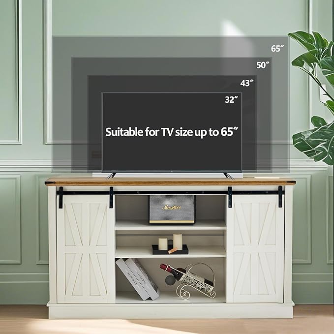 Farmhouse TV Stand for 65 inch TV, Rustic Wood Entertainment Center with Power Outlets & Sliding Barn Doors Media Consoles Cabinet 3 Adjustable Shelves for Living Room, Rustic White