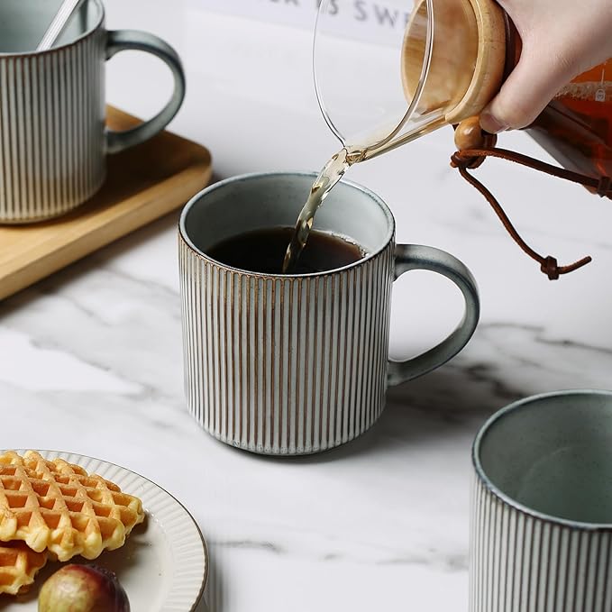 MONITO 16Oz Coffee Mugs Set of 4, Rustic Ceramic Coffee Cups Set with Large Handle, Vintage Striped Stoneware Coffee Mugs for Latte, Cocoa, Tea, Milk, Microwave & Dishwasher Safe, Smoky Blue