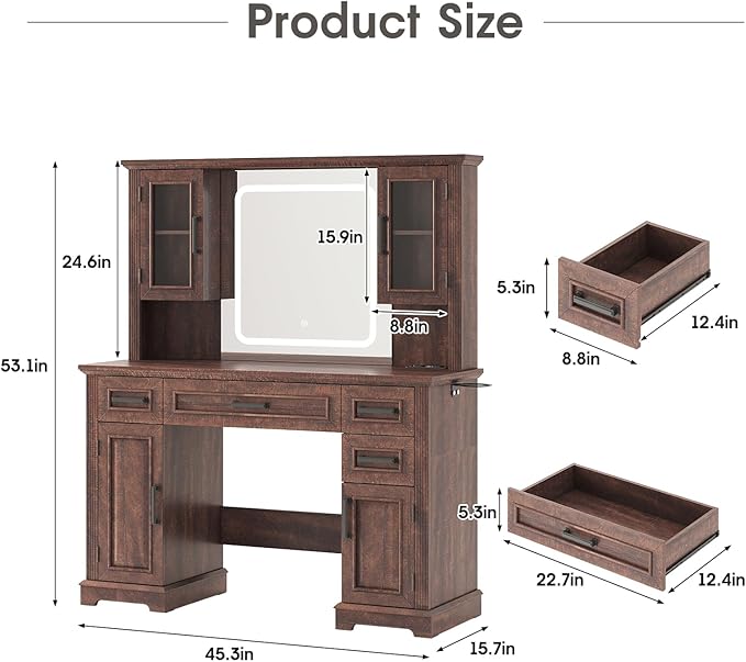 Maupvit Farmhouse Vanity Desk with Mirror and Lights, Makeup Vanity Table with Charging Station, 45" Bedroom Table with 4 Drawers and Cabinets, 3 Lighting Modes, Brown