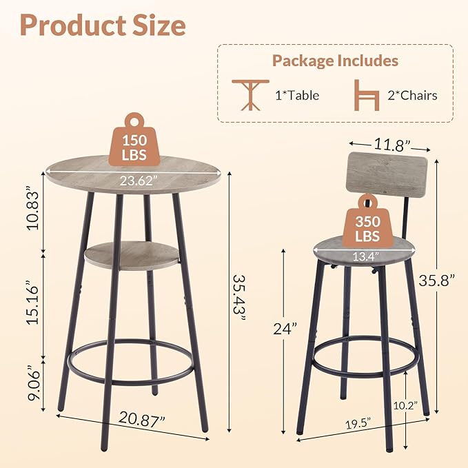 3 Pieces Round Bar Table Set, Small Dining Table for 2, Breakfast Table with Storage, Modern Kitchen Bar Table, 2 Upholstered Stools with Backrest for Kitchen, Dining Room & Bistro-Grey