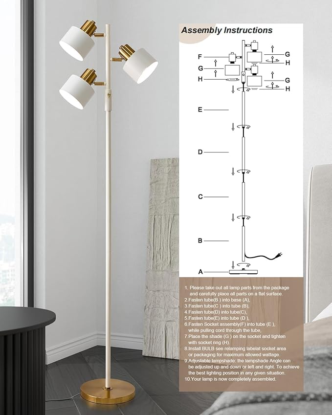 OYEARS Floor Lamp for Living Room Bright Lighting Tall Modern Industrial Vintage Standing Corner Lamps LED Metal Light Office Bedroom Study Gold Black Cream Matte Accent (3-Light, Cream)