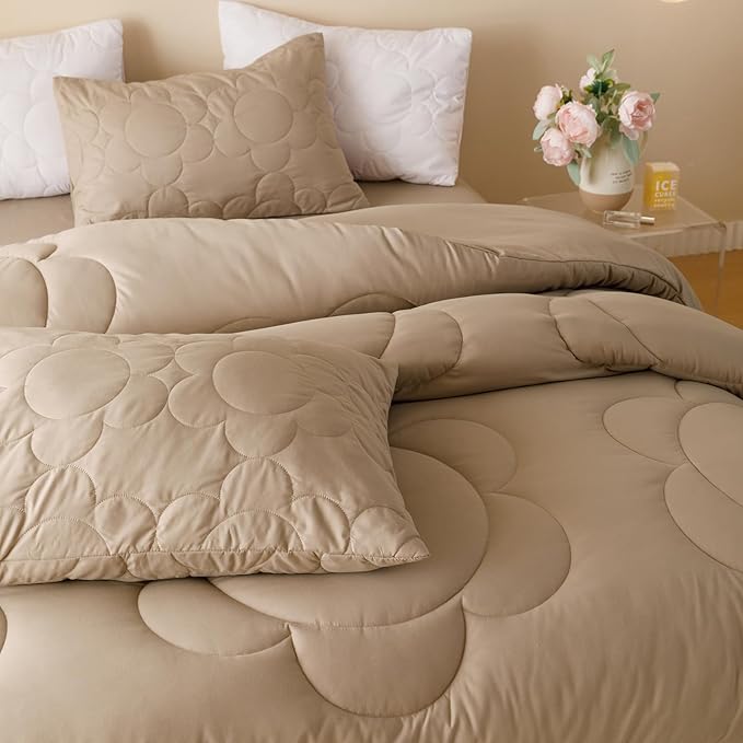 Luxlovery Khaki Comforter Set King Cream Coffee Sunflower Bedding Comforter Dark Champagne Bedding Comforter Set Boho Farmhouse Mocha Quilted Soft Breathable Bedding Set King Size