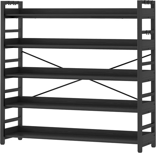 HCHQHS 5 Tier Bookshelf, Adjustable Industrial Bookcase, Vertical Tall Book Shelf, Wood and Black Metal Open Bookshelves for Home Office, Living Room, Bedroom