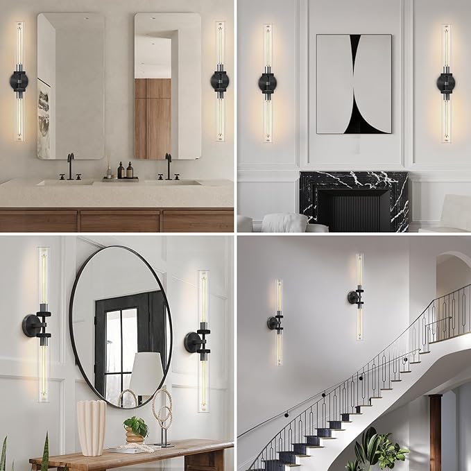 Black Wall Sconces Hardwired, 30" Bronze Wall Sconce for Bathroom, Linear Sconces Wall Lighting, 2-Light Knurled Wall Sconce Dimmable, Vanity Light with Tube Glass, Bathroom Light Fixtures over Mirror