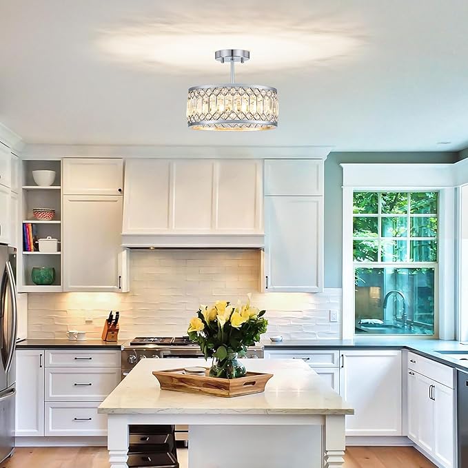 Crystal Chrome Ceiling Light, Modern Semi Flush Mount Ceiling Lighting Fixture, Round Hallway Lighting Fixtures Chandelier for Kitchen Entryway Bedroom Dining Room, 3-Light, 12.2 Inch