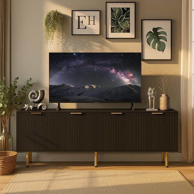 Black TV Stand for TVs up to 80 Inch,Mid Century Modern TV Console,TV Stands for Living Room & Bedroom,Entertainment Center with Storage,Entertainment Stand,TV Cabinet for 55,60,65,70,72,75,80 Inch TV