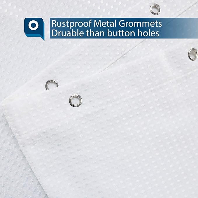 Wide Fabric Shower Curtain Waffle Weave 96 Width by 72 Height inches, Hotel Luxury Spa, 230 GSM Heavyweight, Water Repellent, Machine Washable, White Pique Pattern Bathroom Curtain, 96x72