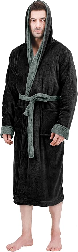 NY Threads Mens Robe with Hood, Luxury Plush Fleece Hooded Mens Bathrobe, Spa Bath Robe for Men
