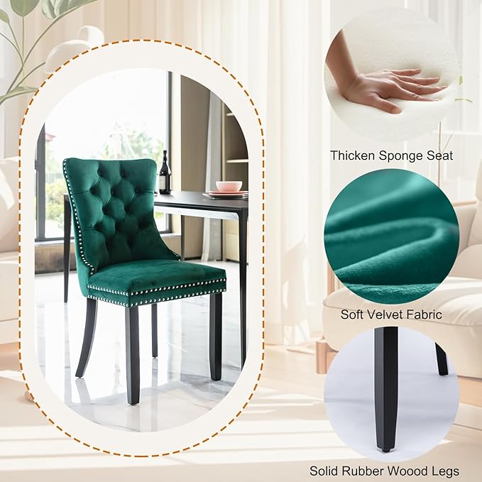 5-Piece Faux Marble Round Dining Table Set for 4, Modern Luxury Kitchen Table Set for 4 with Green Tufted Chairs,Circle Dining Tables with Pandora Grain Top and Black Pedestal Base