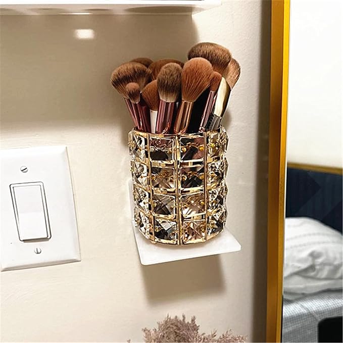 LUGUNU Makeup Brush Holder with Silver Golden Crystal Bling – Elegant Vanity Organizer for Brushes, Pens & Pencils, Ideal for Bathroom or Office Countertop(2Pack)