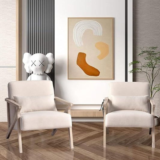 INZOY Mid Century Modern Accent Chair Set of 2 with Wood Frame, Upholstered Armchair with Waist Cushion, Accent Chair for Living Room Bedroom Apartment, Easy Assemble, Beige