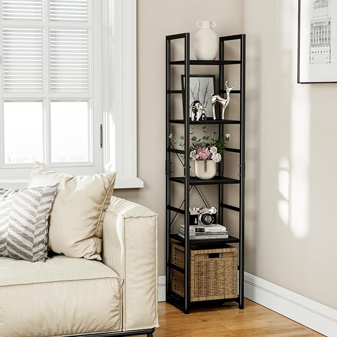 NUMENN 5 Tier Slim Bookshelf, Tall Bookcase Shelf Storage Organizer, Modern Book Shelf for Bedroom, Living Room and Home Office, Black