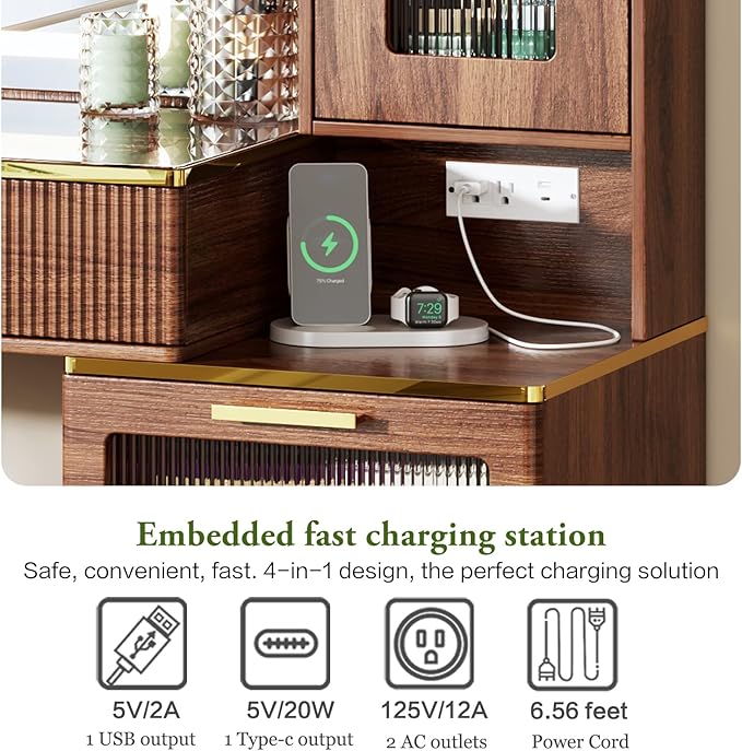 47.24" Big Modern Vanity Desk with Mirror and Lights,Makeup Vanity Desk with 5 Drawers and Storage Shelves & Power Outlet,Dressing Table with Glass Top, Walnut