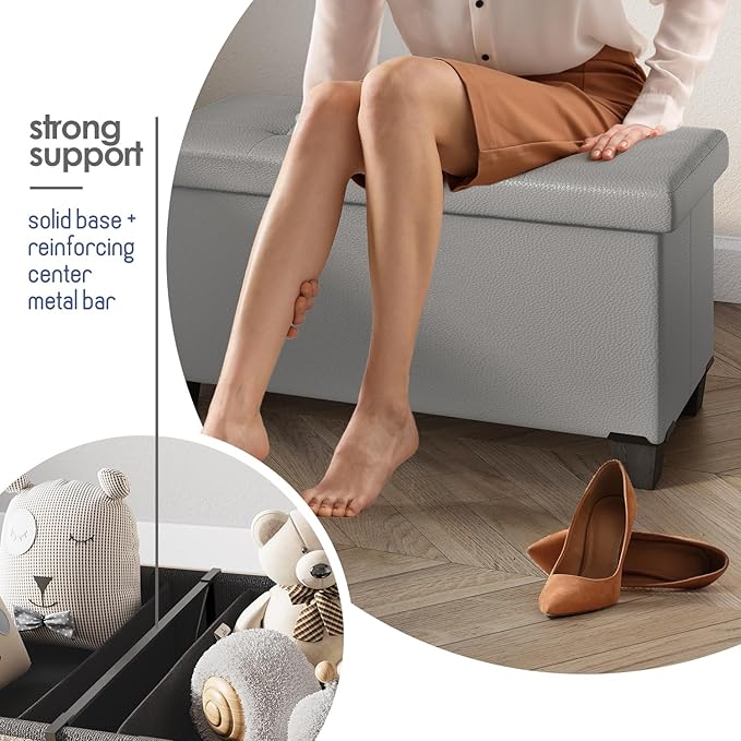 STORAGEBUD Storage Ottoman Bench with Bins, 30-in Storage Bench for Bedroom End of Bed, Folding Foot Rest Ottoman for Living Room Max 660lbs, Faux Leather Ottomans, Light Grey