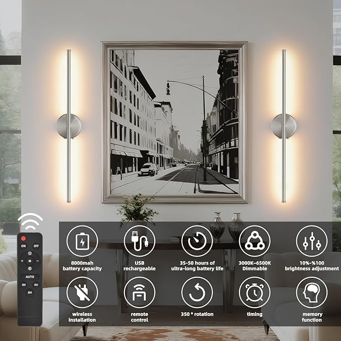 Battery Operated Wall Sconce Set of 2, Brushed Nickel 27.5" LED USB Rechargeable dimmable Wall Sconce with Remote Control, Rotate 350° for Living Room, Bedroom, Hallway and scones Lighting