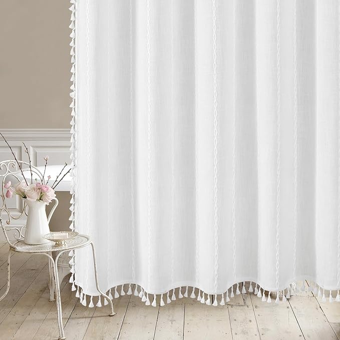 MitoVilla Boho Extra Long Shower Curtain 72 x 84, White Modern Farmhouse 84 inch XL Polyester Linen Texture Tassel Fabric Shower Curtain Set with Hooks for Cottagecore Country Bathroom Decor,White