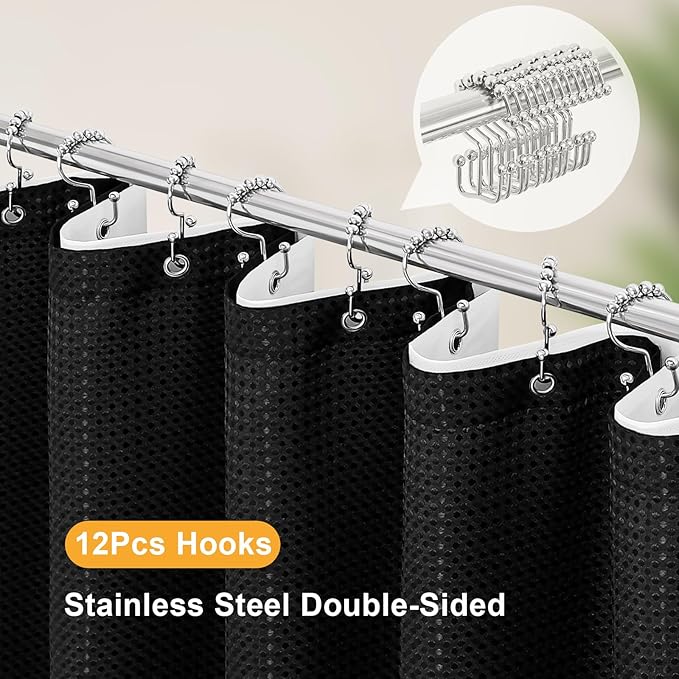 3 in 1 Extra Long Shower Curtain Set-72 W x 84 H, Black Waffle and PEVA Liner Set with 12 Stainless Steel Hooks, Waterproof Fabric for Bathroom