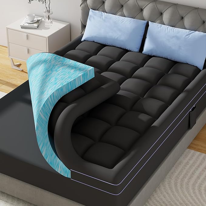 ABENE 3 Inch Dual Layer Memory Foam Mattress Topper, 2 Inch Memory Foam Plus 1 Inch Down Alternative Pillowtop Mattress Pad, with Bedside Pocket, Support for Back Pain (California King, Black)