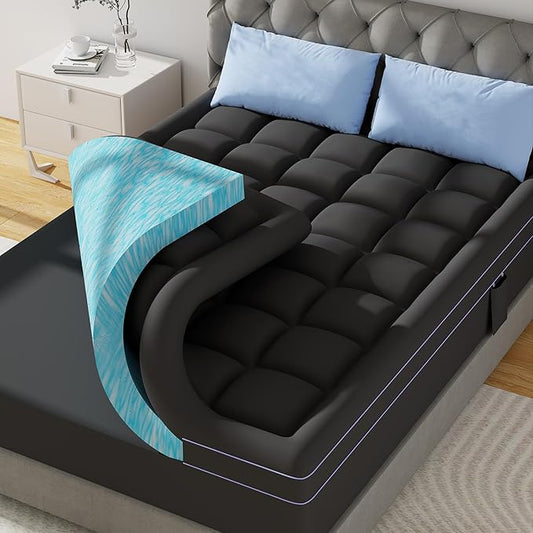 ABENE 3 Inch Dual Layer Memory Foam Mattress Topper, 2 Inch Memory Foam Plus 1 Inch Down Alternative Pillowtop Mattress Pad, with Bedside Pocket, Support for Back Pain (California King, Black)