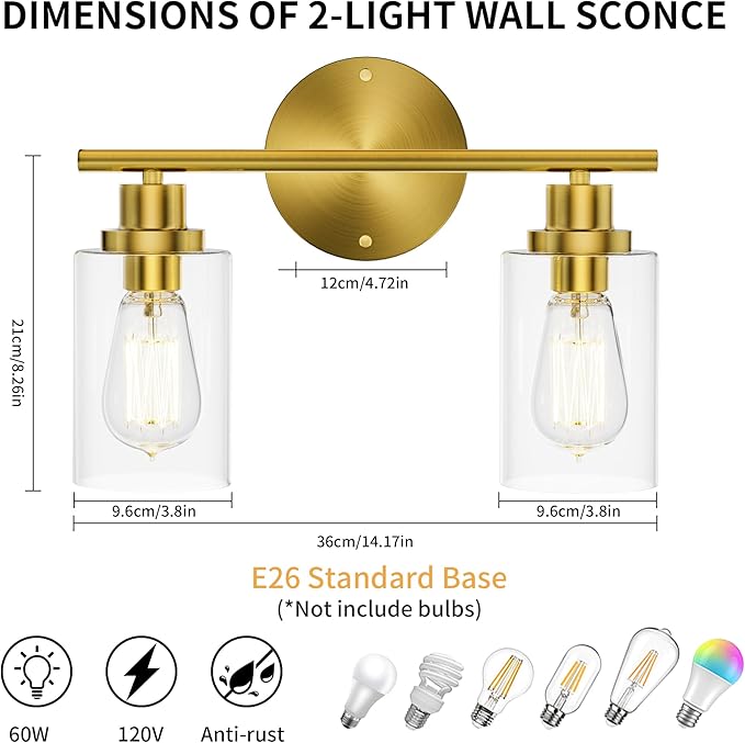 GORDNWE 2-Light Bathroom Wall Sconce, Gold Vanity Light, Modern Wall Light Fixture with Clear Glass, J0019